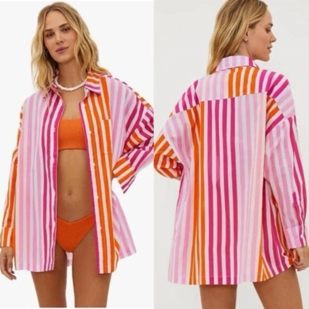 Beach Riot Pink Orange Striped Button Up Cover Up